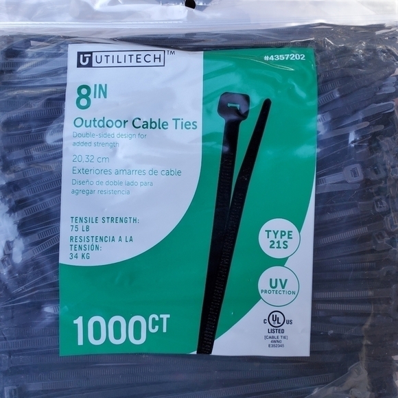 NEW Utilitech 8" Outdoor Cable Ties 1000ct 75lb strength 21S double sided - Picture 2 of 3
